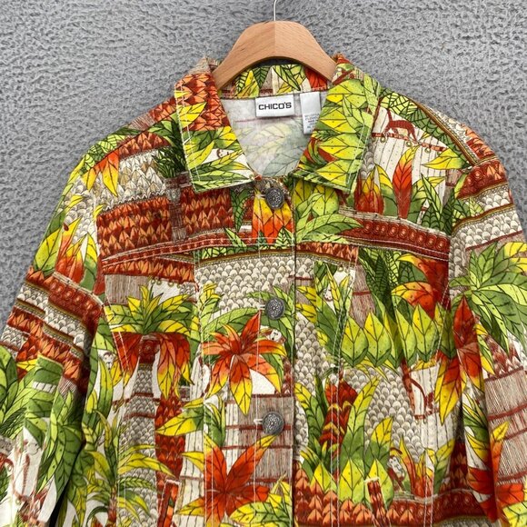 Chicos Jacket Womens 2 US Large Green Orange Tropical Hidden Monkey Twill Button - Picture 2 of 9